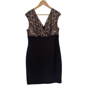 Pleated Bodycon Dress Lace VNeck Mesh Cocktail Size 14 Black Dark Romantic Party